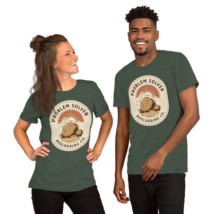 Problem Solver Bouldering Badge t-shirt — Heather Forest, on model