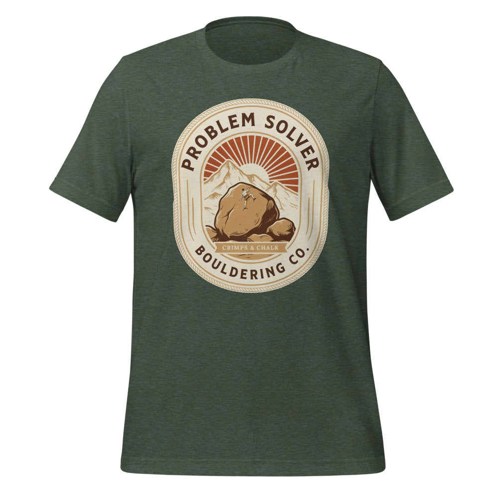 Problem Solver Bouldering Badge t-shirt — Heather Forest, front