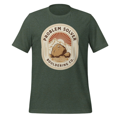 Problem Solver Bouldering Badge t-shirt — Heather Forest, front