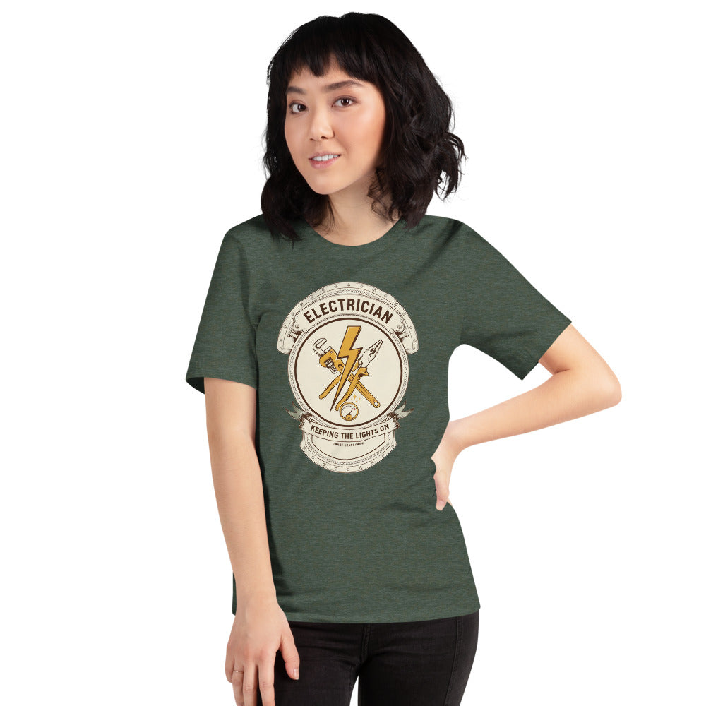 Electrician Journeyman trade crest tee — Heather Forest, on model