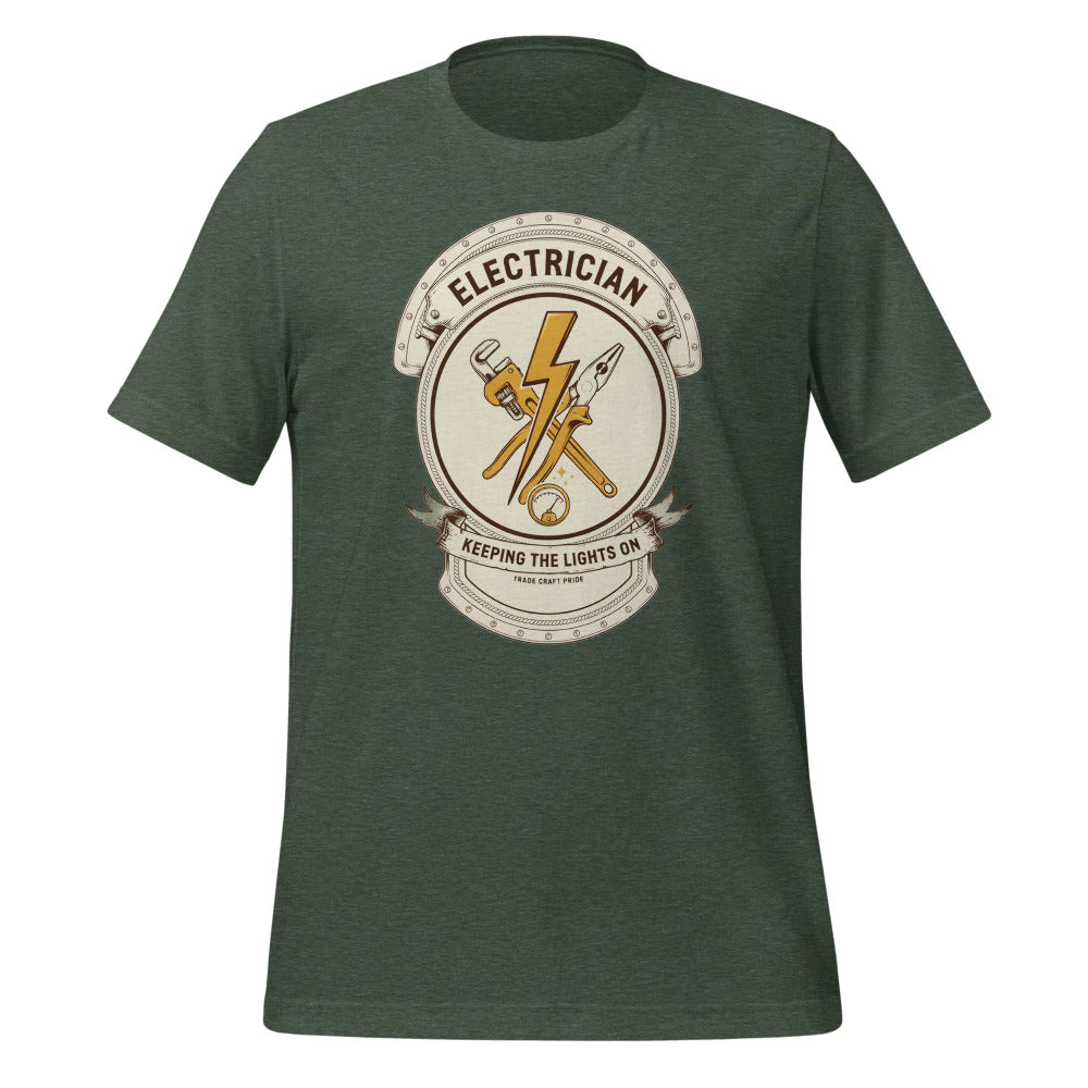 Electrician Journeyman trade crest tee — Heather Forest, front