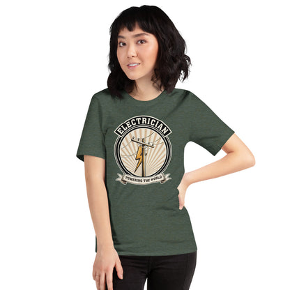 Powering The World electrician emblem tee — Heather Forest, on model