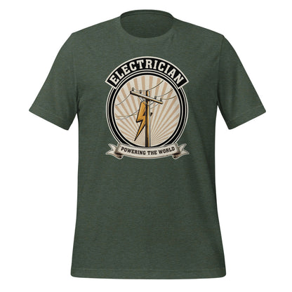 Powering The World electrician emblem tee — Heather Forest, front
