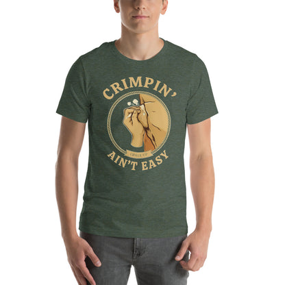 Crimpin' Ain't Easy bouldering badge t-shirt — Heather Forest, on model