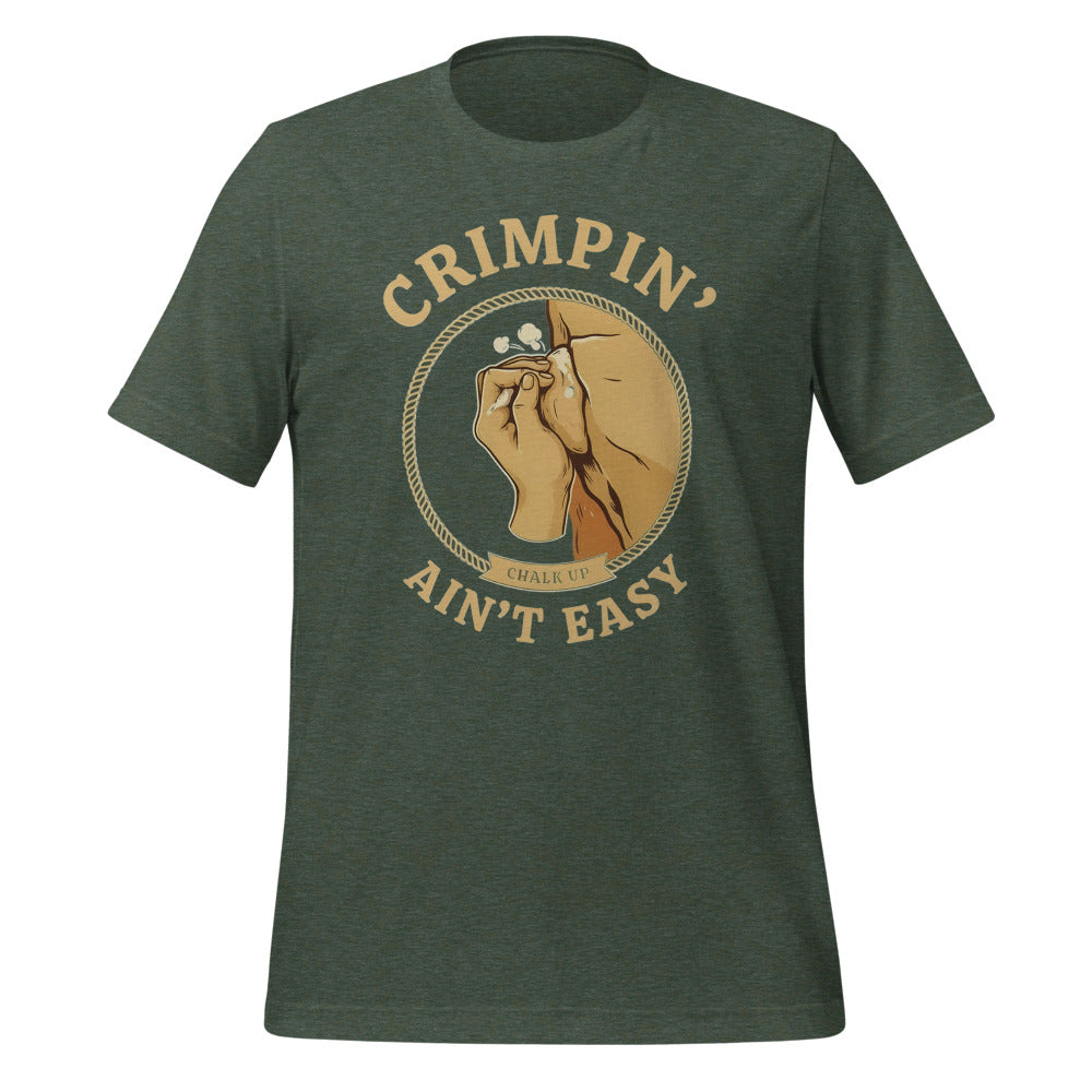 Crimpin' Ain't Easy bouldering badge t-shirt — Heather Forest, front