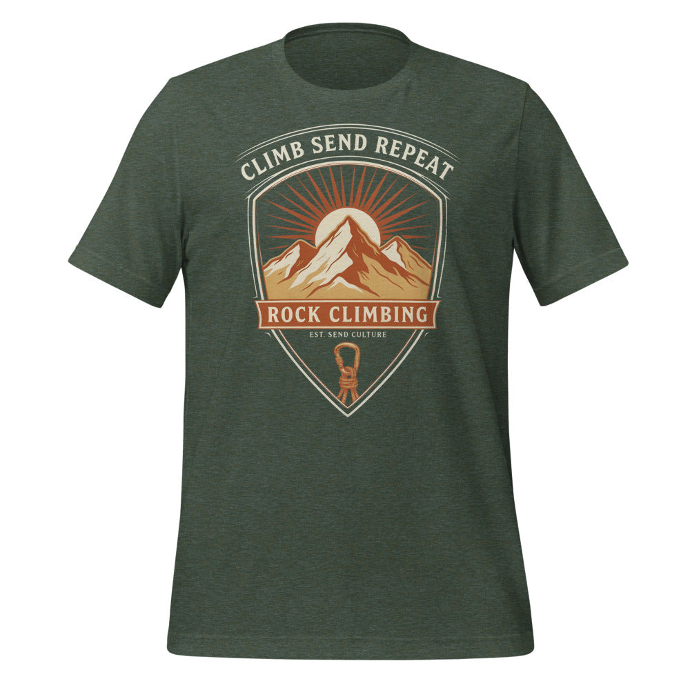 Climb Send Repeat mountaineering crest t-shirt — Heather Forest, front