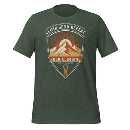 Climb Send Repeat mountaineering crest t-shirt — Heather Forest, front