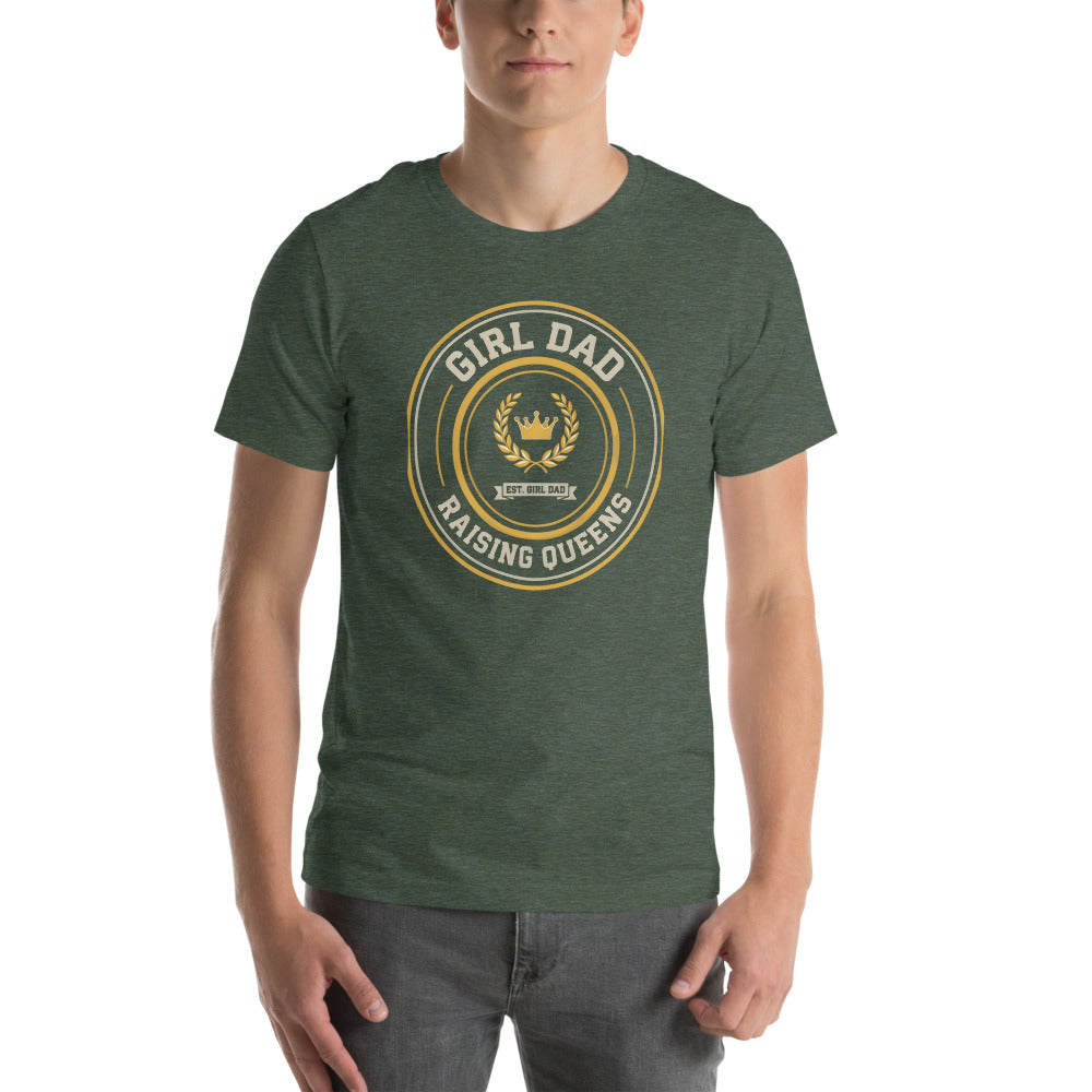 Girl Dad Raising Queens crest tee — Heather Forest, on model