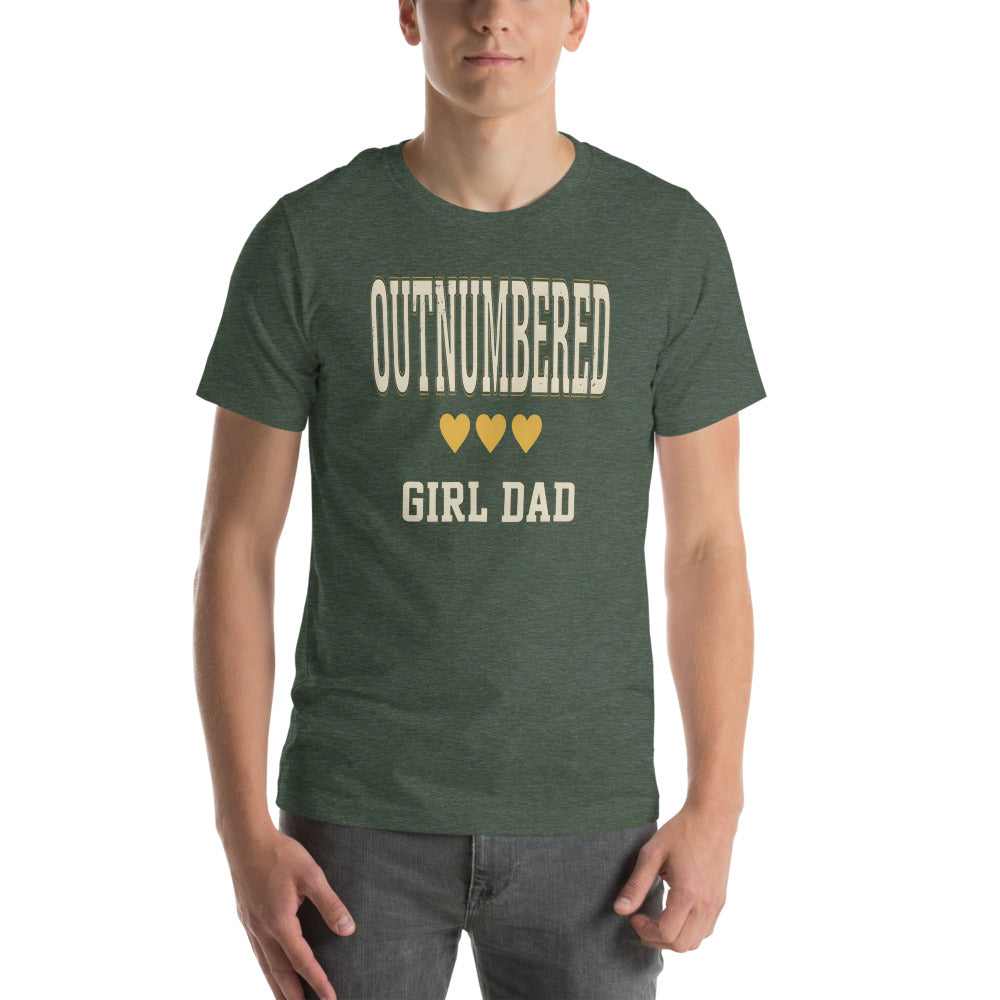 Girl Dad Outnumbered & Proud tee — Heather Forest, on model