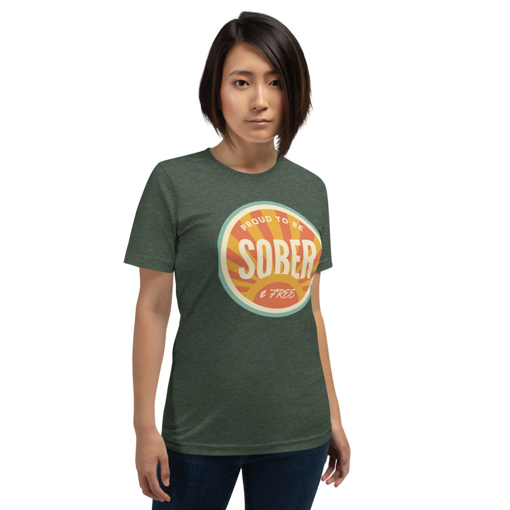 Sober & Proud retro sunburst tee — Heather Forest, on model