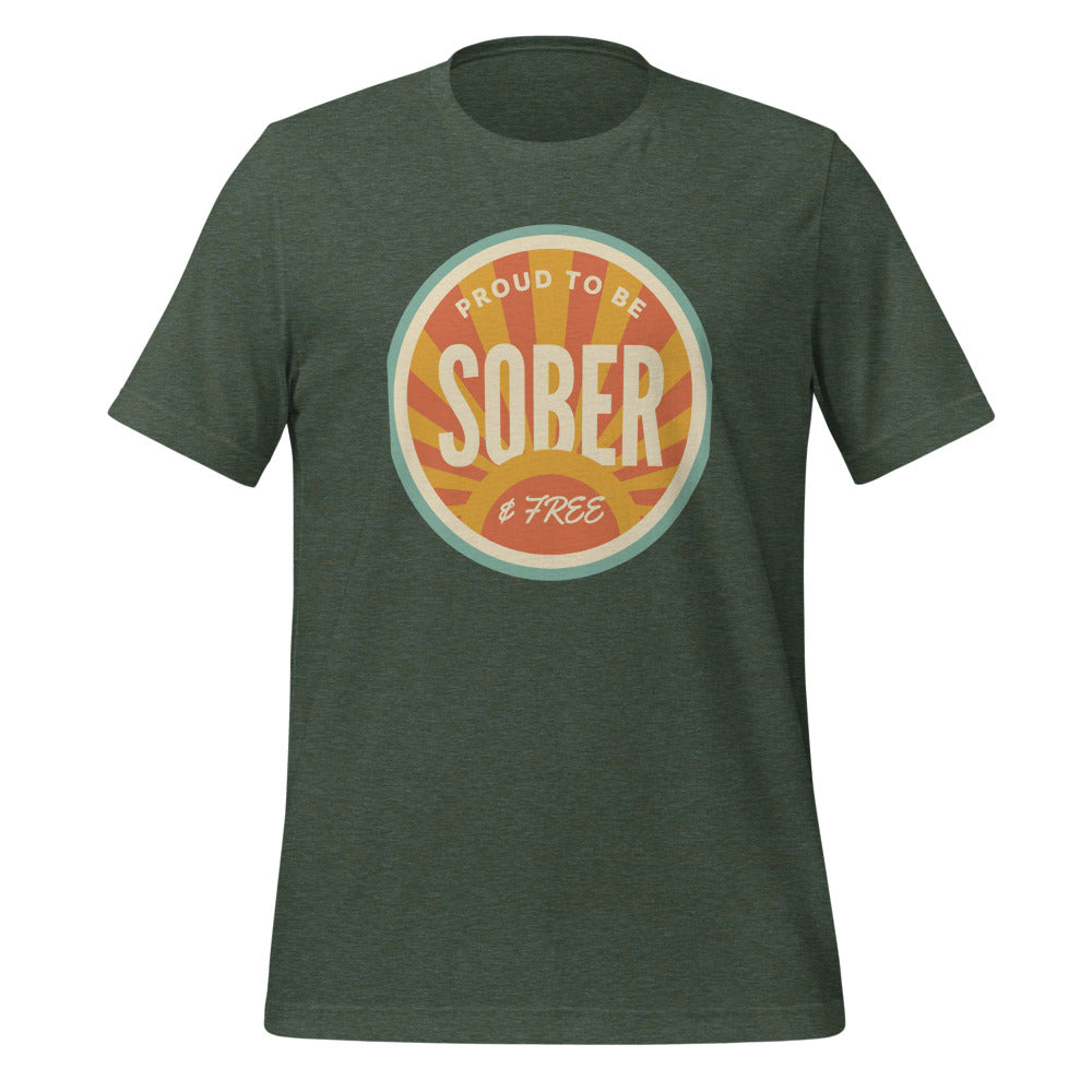 Sober & Proud retro sunburst tee — Heather Forest, front