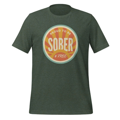 Sober & Proud retro sunburst tee — Heather Forest, front