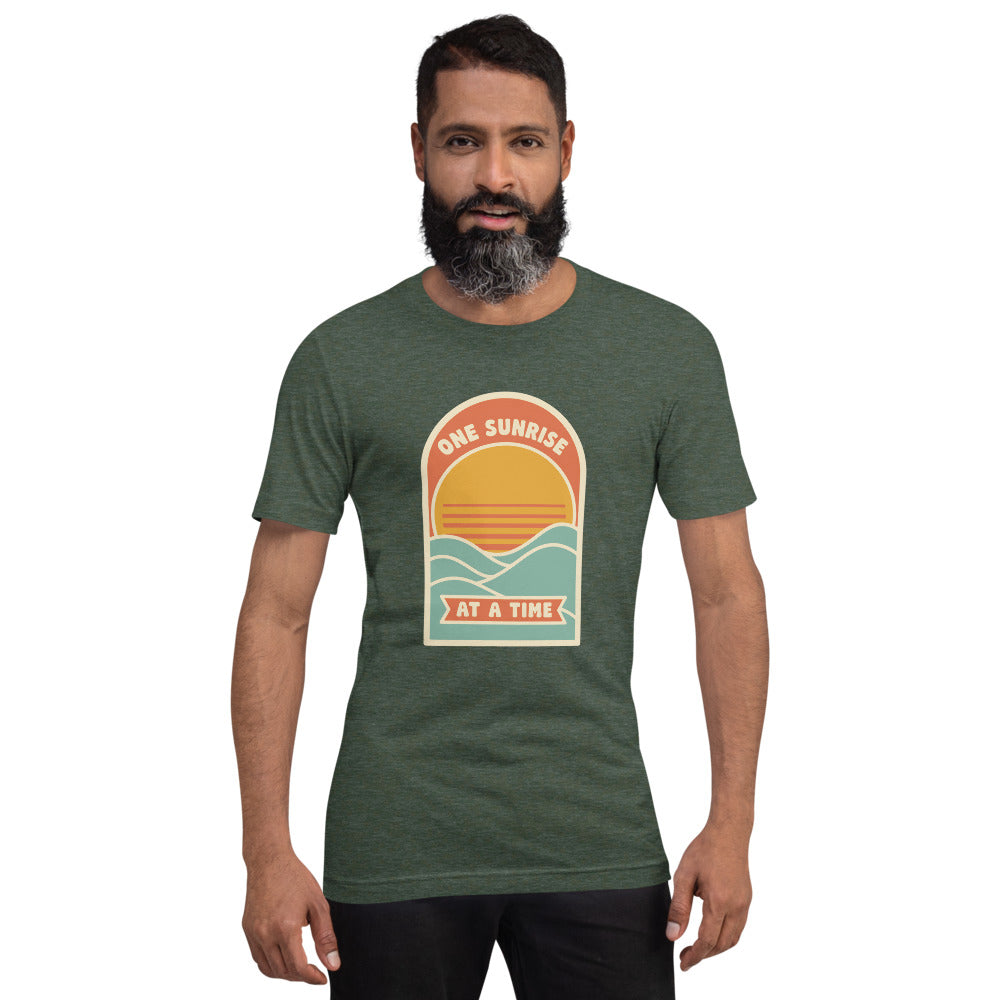One Sunrise at a Time retro sunrise tee — Heather Forest, on model