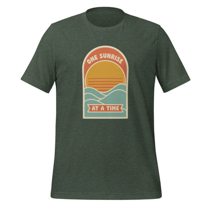 One Sunrise at a Time retro sunrise tee — Heather Forest, front