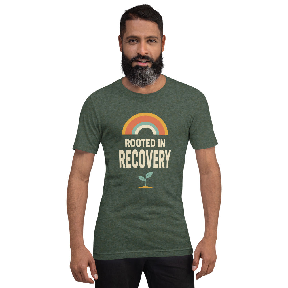 Rooted in Recovery retro rainbow tee — Heather Forest, on model