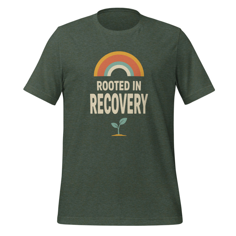 Rooted in Recovery retro rainbow tee — Heather Forest, front