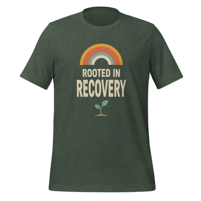 Rooted in Recovery retro rainbow tee — Heather Forest, front