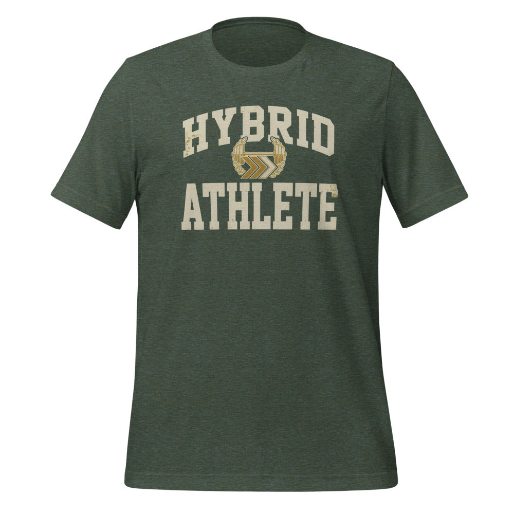 Hybrid Athlete vintage varsity tee — Heather Forest, front