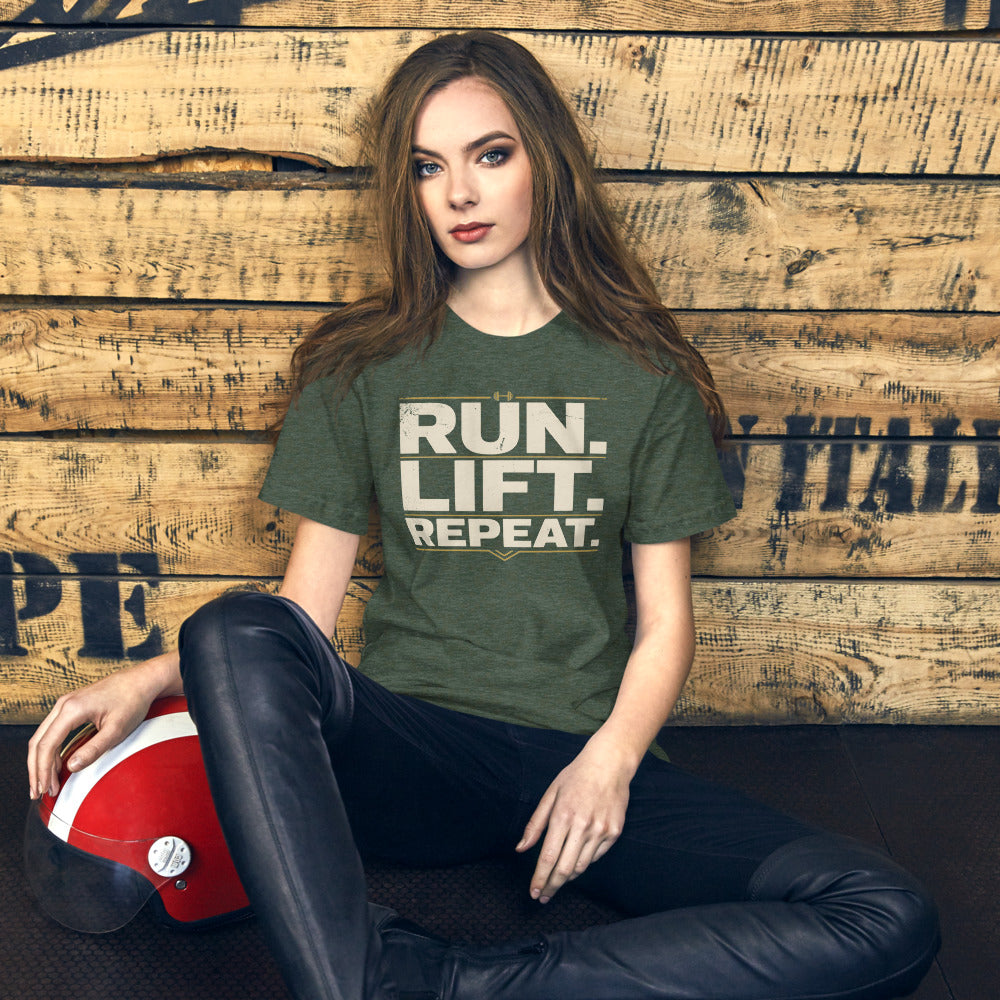 Run Lift Repeat vintage athletic tee — Heather Forest, on model