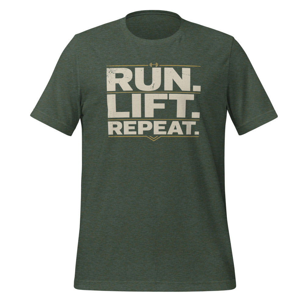 Run Lift Repeat vintage athletic tee — Heather Forest, front