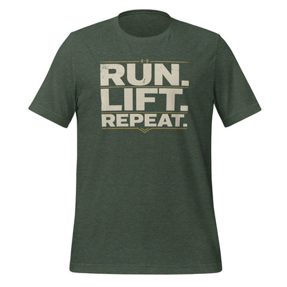 Run Lift Repeat vintage athletic tee — Heather Forest, front