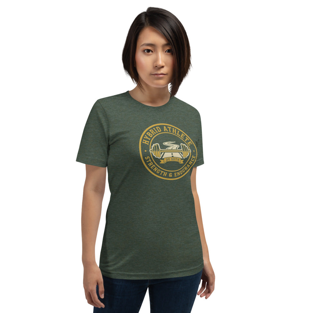 Hybrid Athlete vintage athletic-department crest tee — Heather Forest, on model