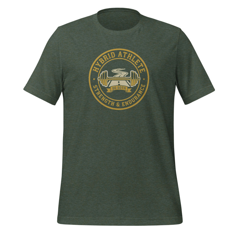 Hybrid Athlete vintage athletic-department crest tee — Heather Forest, front