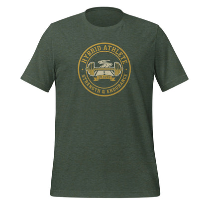 Hybrid Athlete vintage athletic-department crest tee — Heather Forest, front