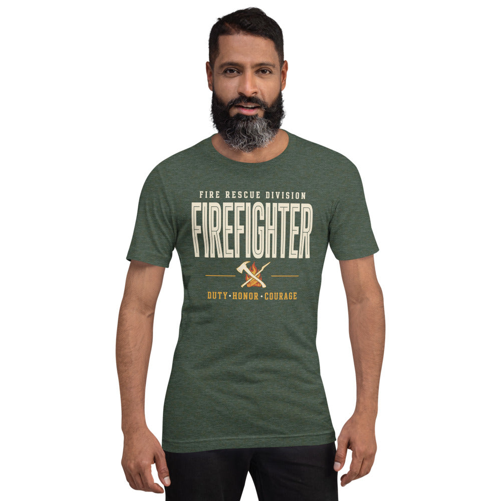 Firefighter collegiate wordmark retro fire-rescue tee — Heather Forest, on model