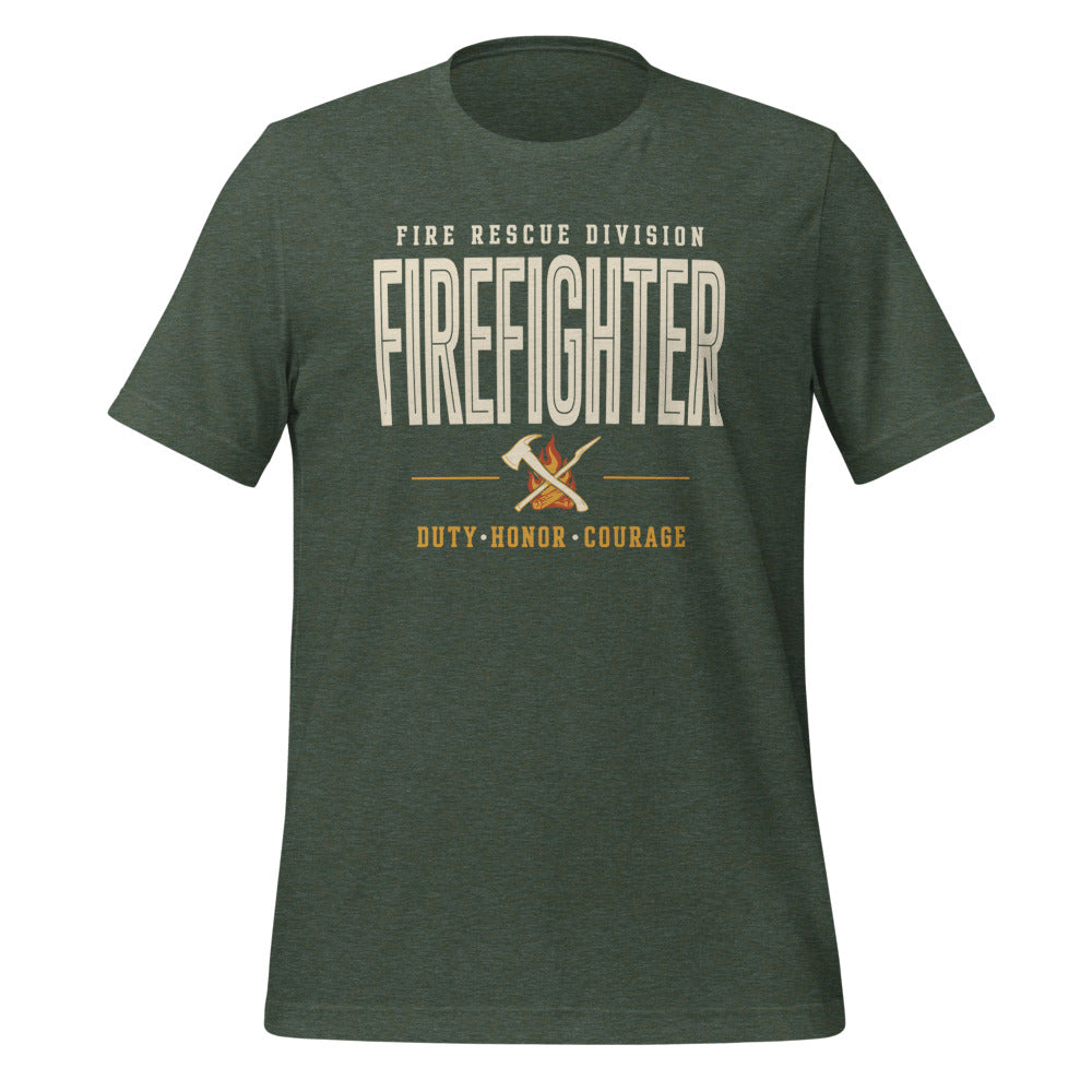Firefighter collegiate wordmark retro fire-rescue tee — Heather Forest, front