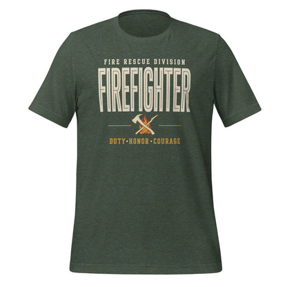 Firefighter collegiate wordmark retro fire-rescue tee — Heather Forest, front