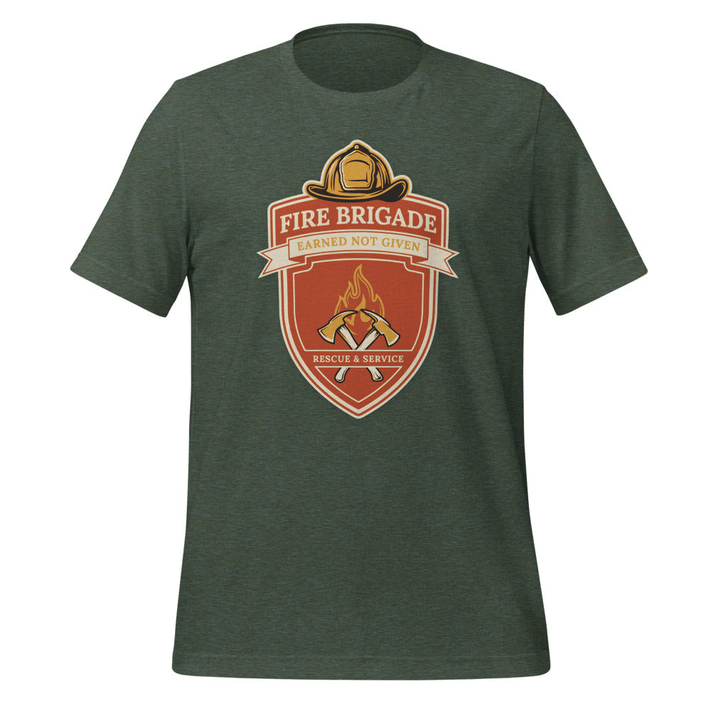 Fire Brigade Earned Not Given retro firefighter shield emblem tee — Heather Forest, front