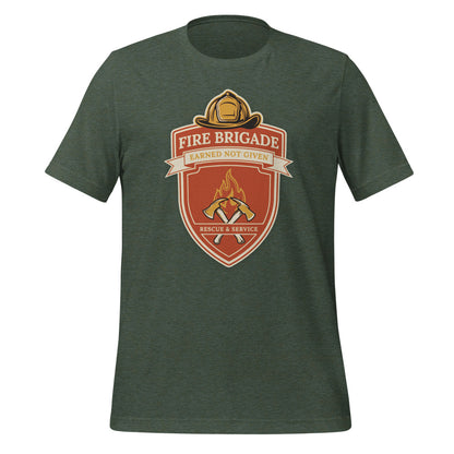 Fire Brigade Earned Not Given retro firefighter shield emblem tee — Heather Forest, front