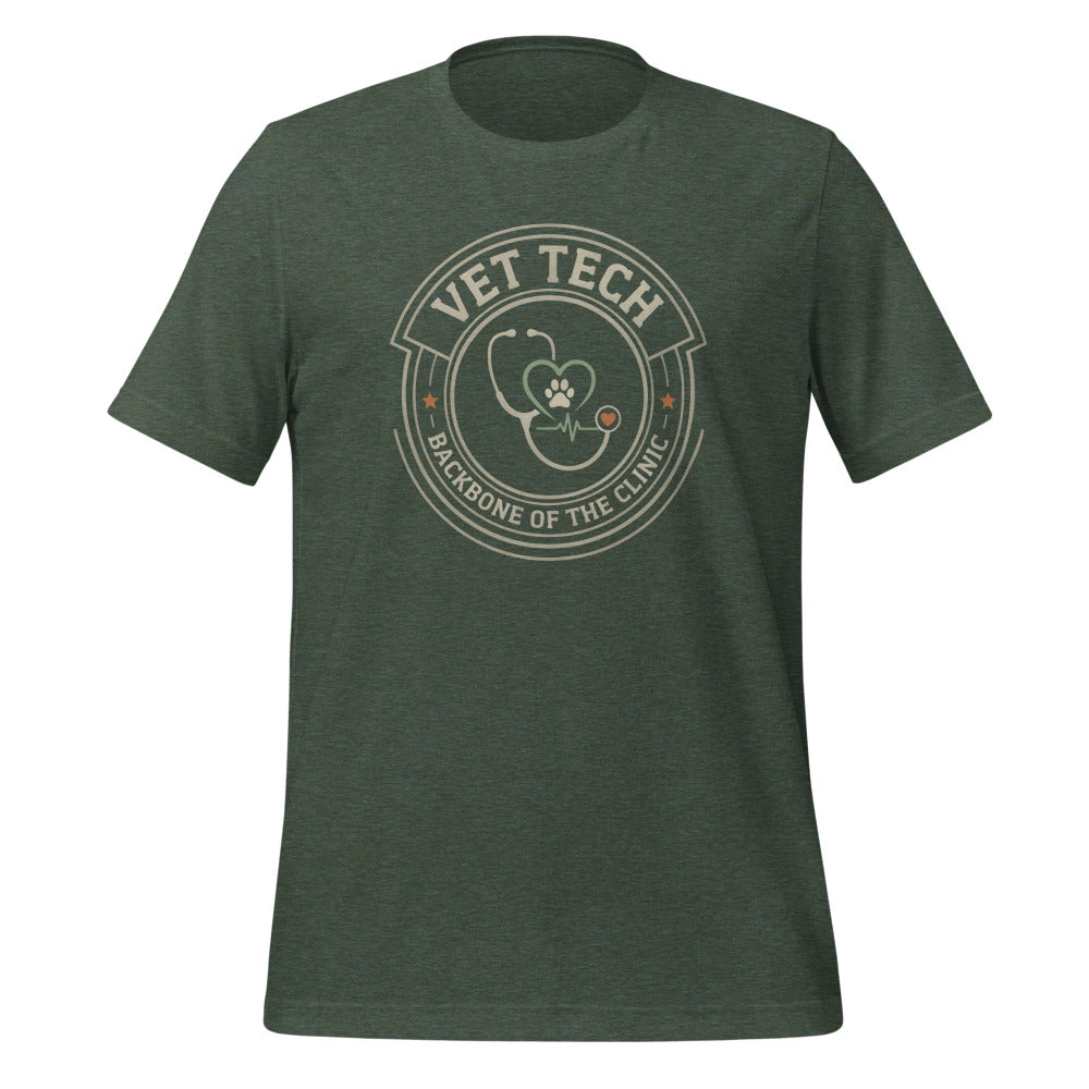 Vet Tech Crest retro veterinary technician tee — Heather Forest, front
