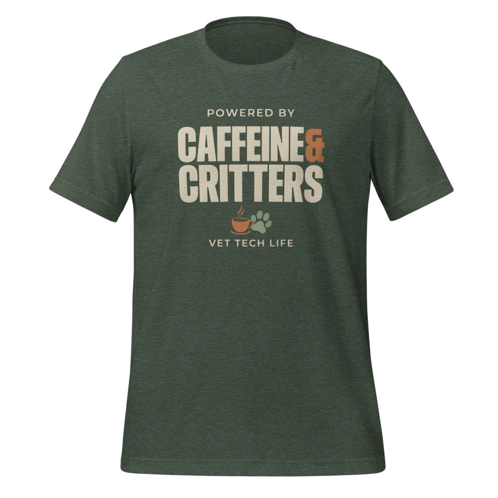 Powered by Caffeine & Critters funny vet tech tee — Heather Forest, front