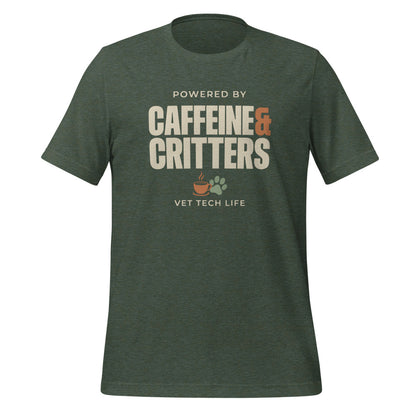 Powered by Caffeine & Critters funny vet tech tee — Heather Forest, front