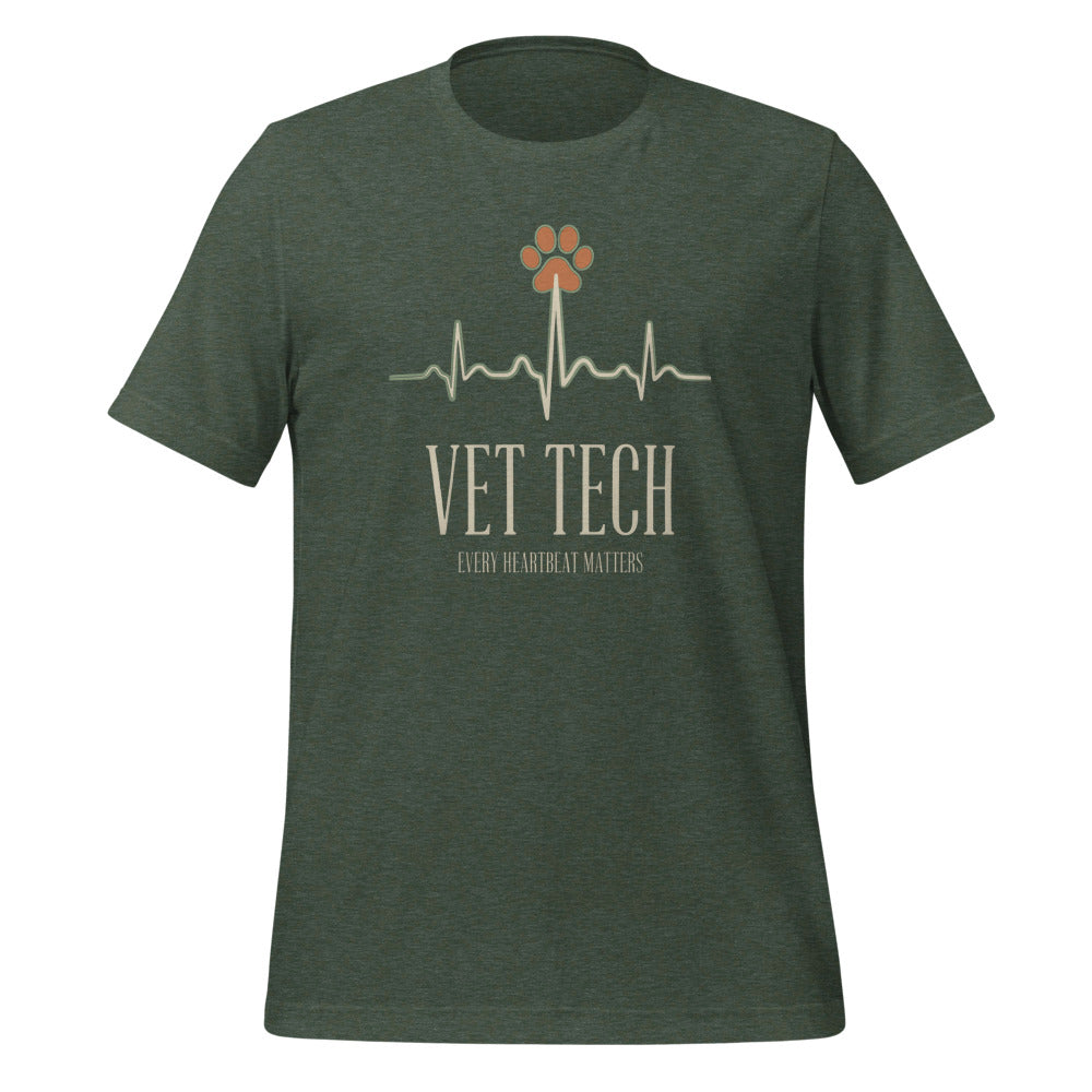 Every Heartbeat Matters minimalist vet tech tee — Heather Forest, front