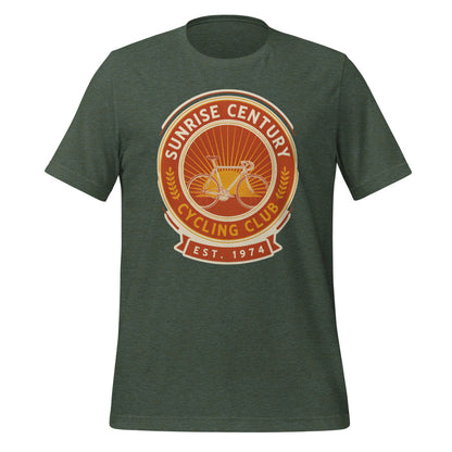 Sunrise Century C.C. retro cycling club badge t-shirt — Heather Forest, front