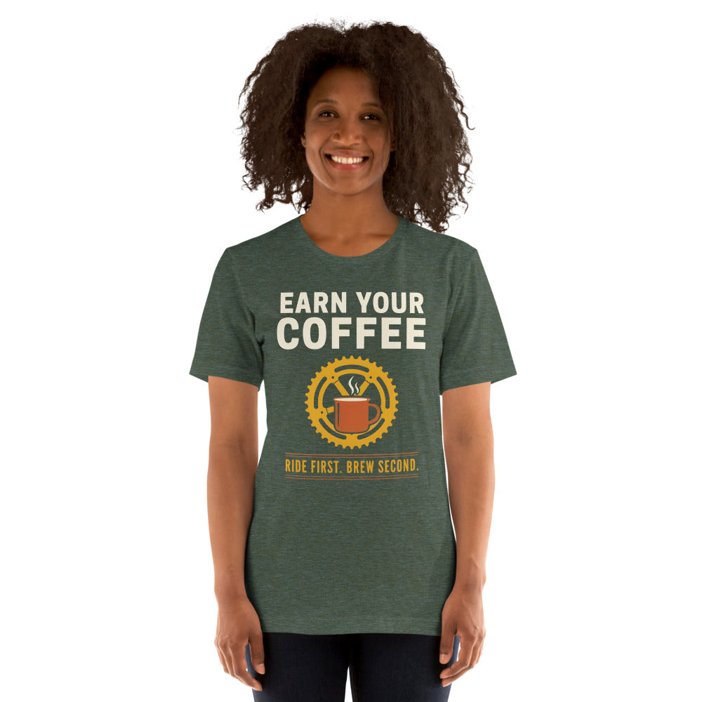 Earn Your Coffee retro cycling coffee t-shirt — Heather Forest, on model