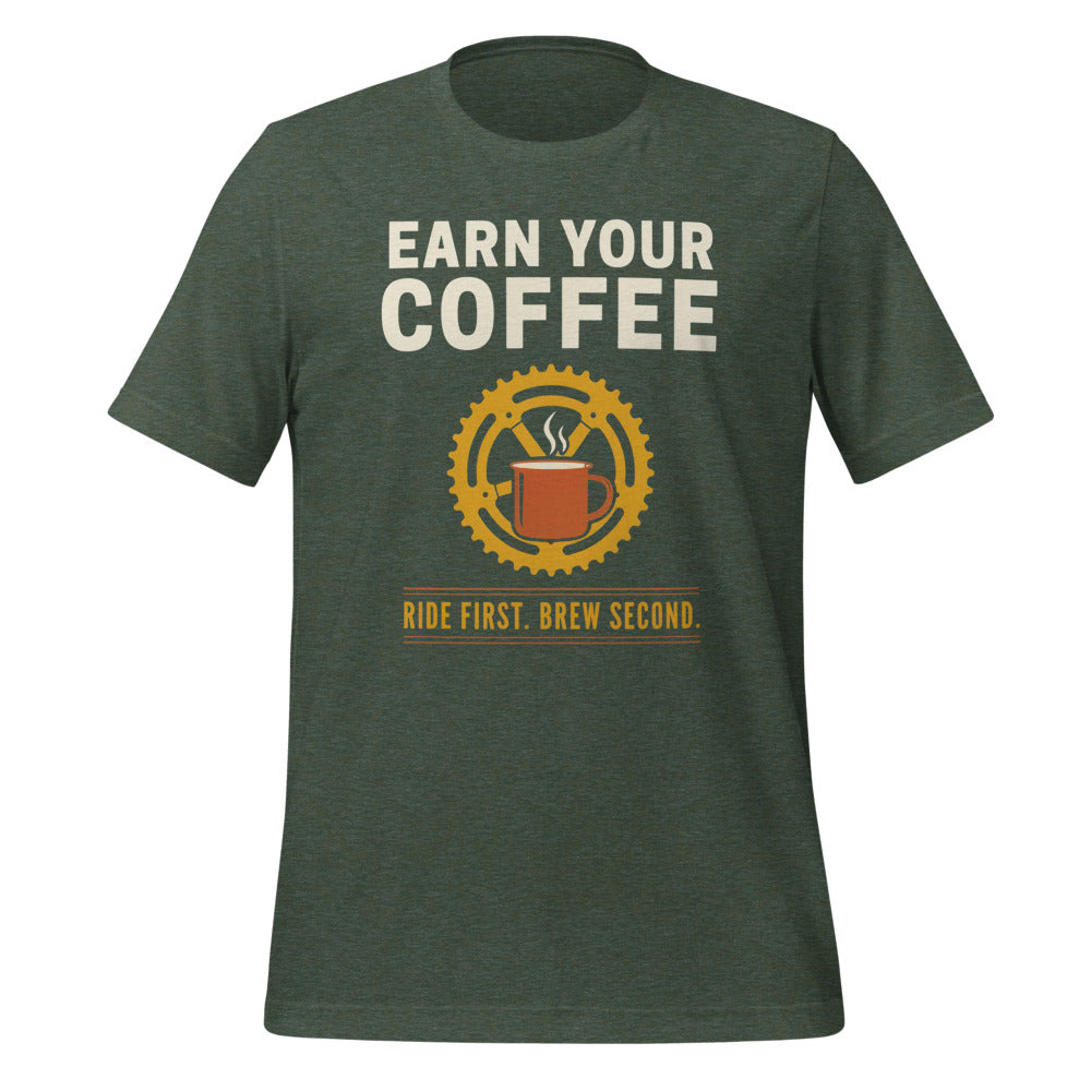 Earn Your Coffee retro cycling coffee t-shirt — Heather Forest, front