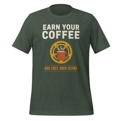 Earn Your Coffee retro cycling coffee t-shirt — Heather Forest, front