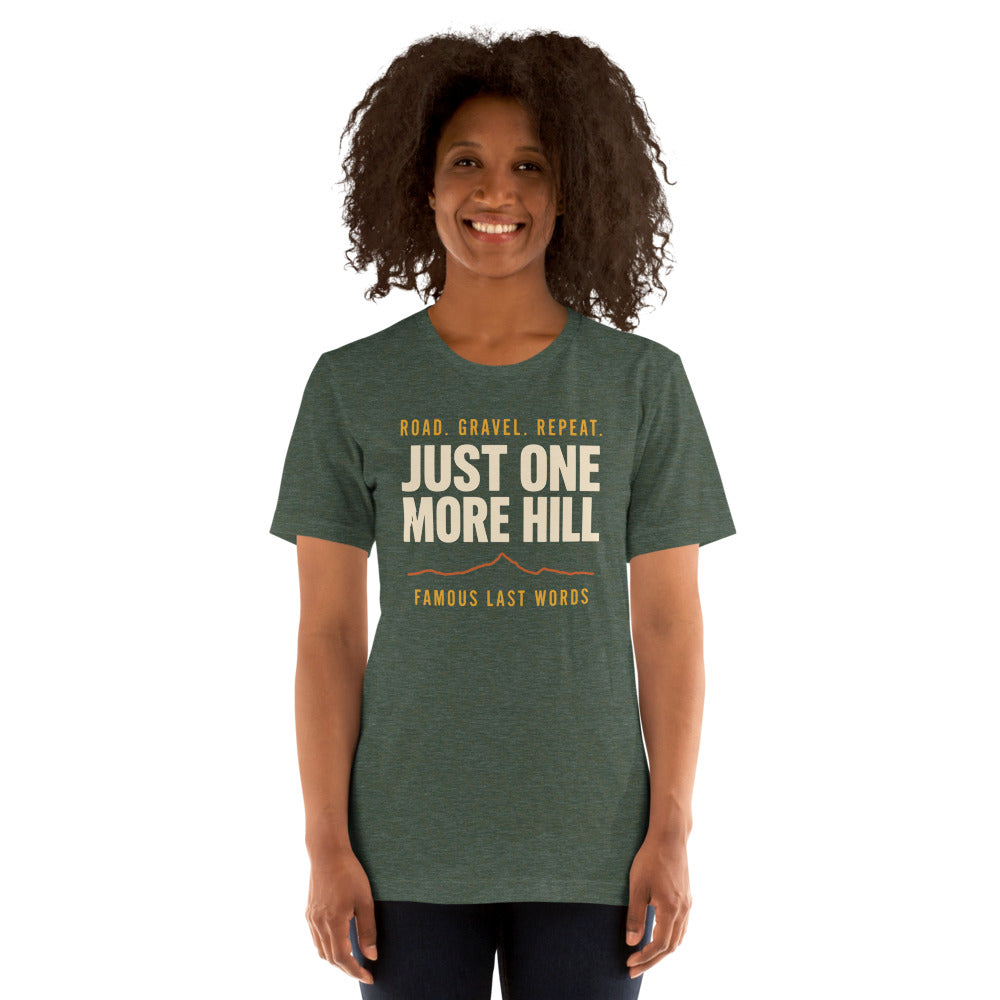 Just One More Hill retro cycling climb t-shirt — Heather Forest, on model