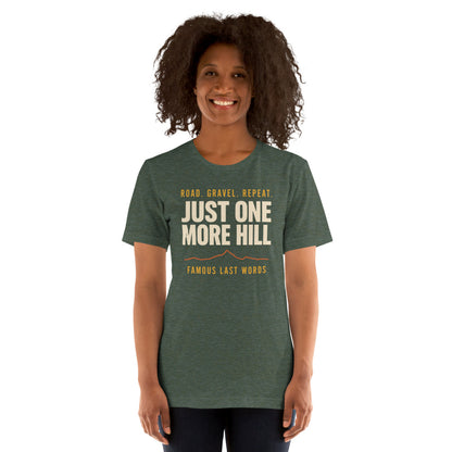 Just One More Hill retro cycling climb t-shirt — Heather Forest, on model