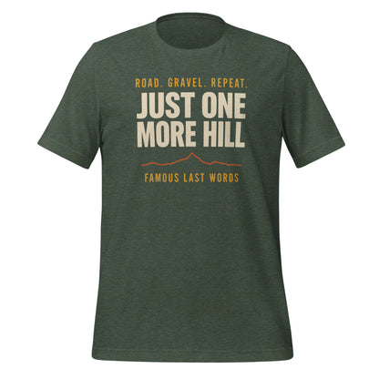 Just One More Hill retro cycling climb t-shirt — Heather Forest, front
