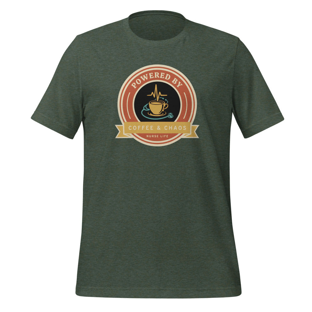 Powered by Coffee & Chaos retro nurse badge tee — Heather Forest, front