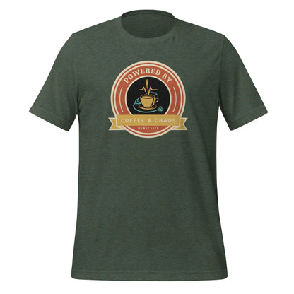 Powered by Coffee & Chaos retro nurse badge tee — Heather Forest, front