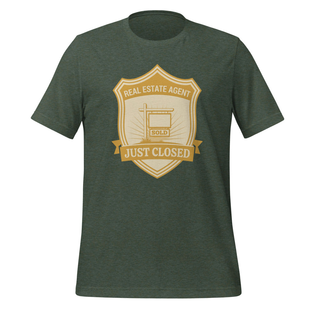 Just Closed real estate agent tee — Heather Forest, front