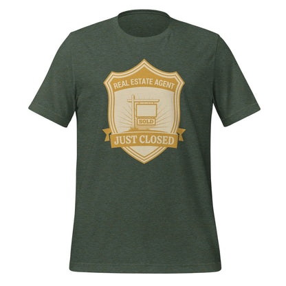 Just Closed real estate agent tee — Heather Forest, front