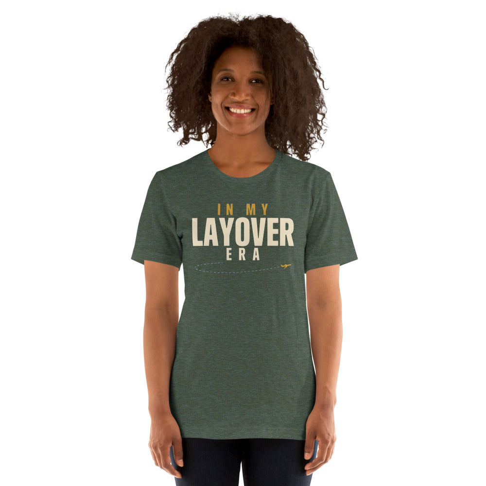 In My Layover Era flight attendant tee — Heather Forest, on model