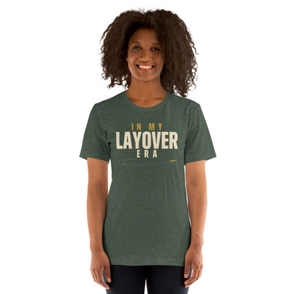In My Layover Era flight attendant tee — Heather Forest, on model